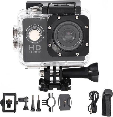 ASHATA DV Action Camera Camcorder, 1080P Diving Sport Camera with Bracket, 30m Depth Under Water, 140° Angle, Sports Cam for Outdoor Sports Cycling, 2 inch Screen, USB Charging (Black) in Kuwait