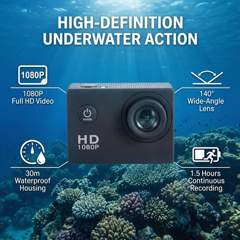 ASHATA DV Action Camera Camcorder, 1080P Diving Sport Camera with Bracket, 30m Depth Under Water, 140° Angle, Sports Cam for Outdoor Sports Cycling, 2 inch Screen, USB Charging (Black) in Kuwait