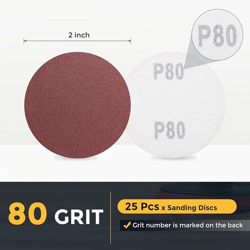 HARFINGTON 25 Pcs 2 Inch Sanding Discs, 80 Grit Hook and Loop Sandpaper, No-Hole Aluminum Oxide Orbital Sander Sandpaper for Woodworking Automotive Metal Polishing, Red in Kuwait