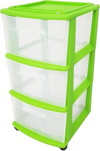 HOMZ Drawer Tower, 3-Tier Clear Plastic Storage Organizer Cart, Bold Lime Frame - Rolling Drawer Containers with Wheels for Bathroom, Bedroom, Office, and Classroom Organization in Kuwait