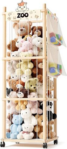 Stuffed Animal Storage Zoo Tower, Wooden Toy Organizer with Wheels, 56inch Large Cute Stuffy Holder & Plushie Storage Bag, Premium Wooden Material For Toddler Rooms, Playrooms & Bedrooms in Kuwait