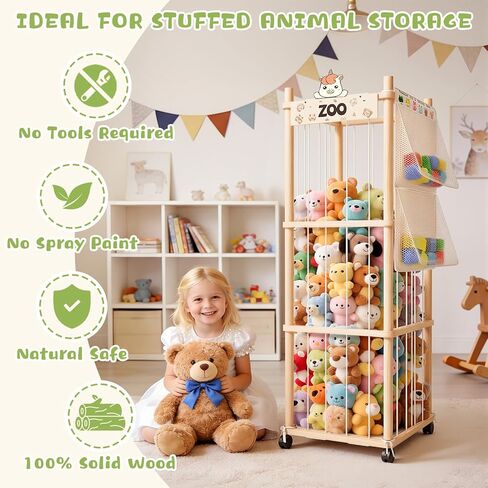 Stuffed Animal Storage Zoo Tower, Wooden Toy Organizer with Wheels, 56inch Large Cute Stuffy Holder & Plushie Storage Bag, Premium Wooden Material For Toddler Rooms, Playrooms & Bedrooms in Kuwait