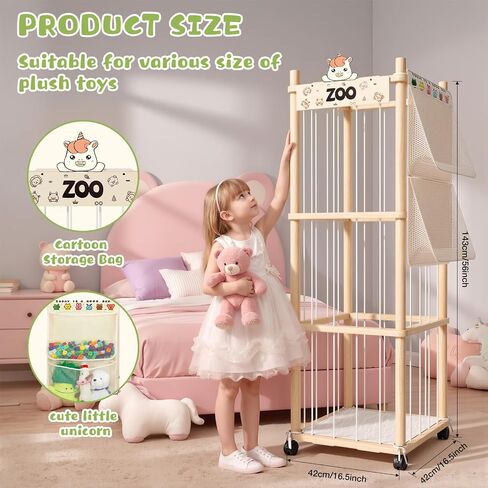 Stuffed Animal Storage Zoo Tower, Wooden Toy Organizer with Wheels, 56inch Large Cute Stuffy Holder & Plushie Storage Bag, Premium Wooden Material For Toddler Rooms, Playrooms & Bedrooms in Kuwait