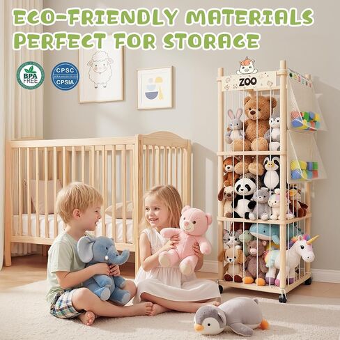 Stuffed Animal Storage Zoo Tower, Wooden Toy Organizer with Wheels, 56inch Large Cute Stuffy Holder & Plushie Storage Bag, Premium Wooden Material For Toddler Rooms, Playrooms & Bedrooms in Kuwait