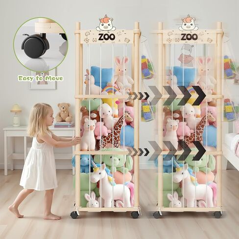 Stuffed Animal Storage Zoo Tower, Wooden Toy Organizer with Wheels, 56inch Large Cute Stuffy Holder & Plushie Storage Bag, Premium Wooden Material For Toddler Rooms, Playrooms & Bedrooms in Kuwait