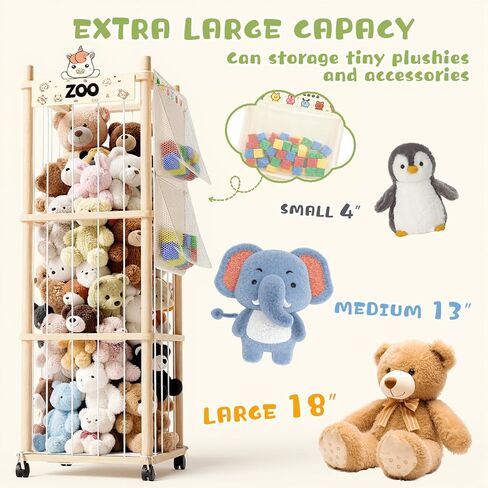 Stuffed Animal Storage Zoo Tower, Wooden Toy Organizer with Wheels, 56inch Large Cute Stuffy Holder & Plushie Storage Bag, Premium Wooden Material For Toddler Rooms, Playrooms & Bedrooms in Kuwait
