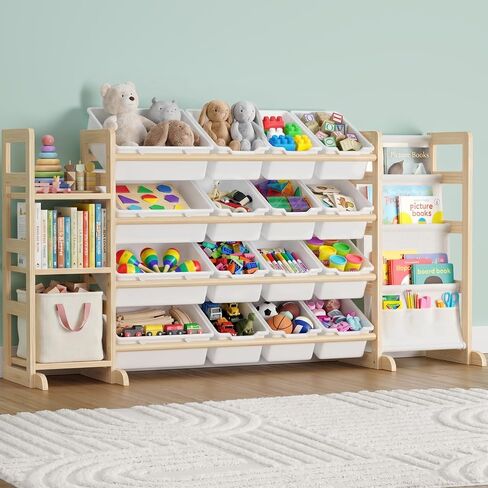 NUTIKAS Large Toy Storage Organizer with Bookshelf - 3 Shelves and 12 Bins Kids Solid Pine Wood Toy Organizer with 3 Tier Bookcase for Toddler, Playroom, Bedroom, Living Room, Nursery in Kuwait