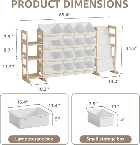NUTIKAS Large Toy Storage Organizer with Bookshelf - 3 Shelves and 12 Bins Kids Solid Pine Wood Toy Organizer with 3 Tier Bookcase for Toddler, Playroom, Bedroom, Living Room, Nursery in Kuwait