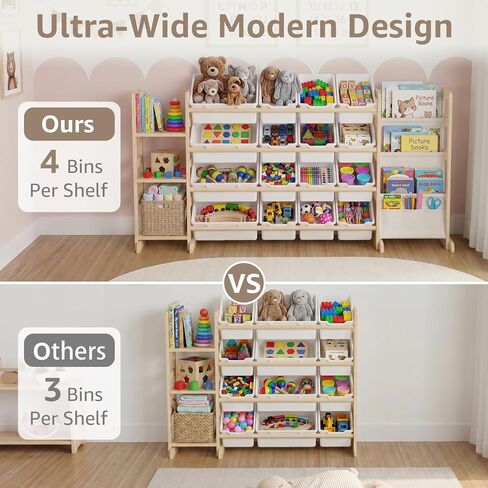 NUTIKAS Large Toy Storage Organizer with Bookshelf - 3 Shelves and 12 Bins Kids Solid Pine Wood Toy Organizer with 3 Tier Bookcase for Toddler, Playroom, Bedroom, Living Room, Nursery in Kuwait