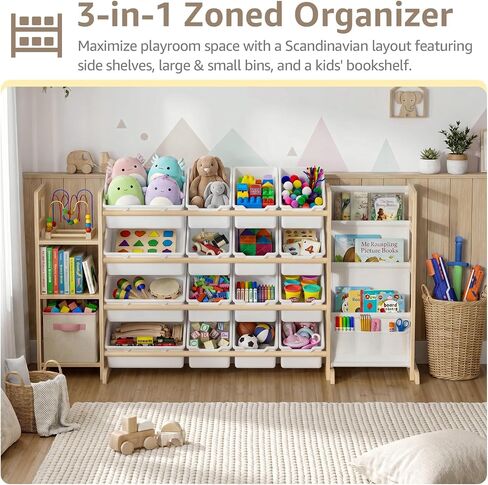 NUTIKAS Large Toy Storage Organizer with Bookshelf - 3 Shelves and 12 Bins Kids Solid Pine Wood Toy Organizer with 3 Tier Bookcase for Toddler, Playroom, Bedroom, Living Room, Nursery in Kuwait