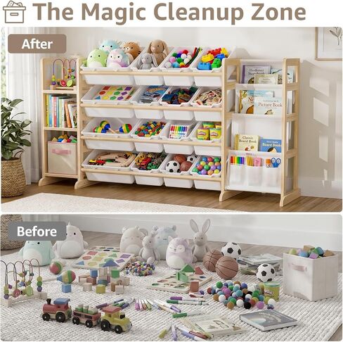 NUTIKAS Large Toy Storage Organizer with Bookshelf - 3 Shelves and 12 Bins Kids Solid Pine Wood Toy Organizer with 3 Tier Bookcase for Toddler, Playroom, Bedroom, Living Room, Nursery in Kuwait