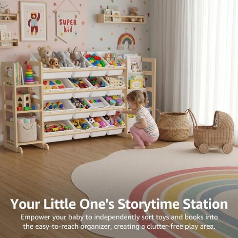 NUTIKAS Large Toy Storage Organizer with Bookshelf - 3 Shelves and 12 Bins Kids Solid Pine Wood Toy Organizer with 3 Tier Bookcase for Toddler, Playroom, Bedroom, Living Room, Nursery in Kuwait