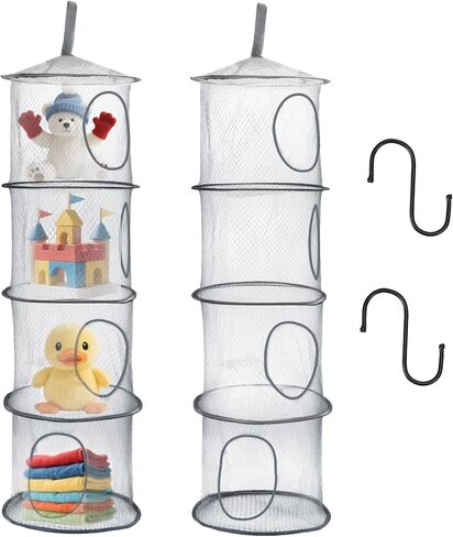 2PCS Hanging Mesh Storage Net, 4 Tier Stuffed Animal Storage with Hook | Grey, Polyester Material, Flexible and Breathable, Space Saving Organizer for Toys Clothes in Kuwait