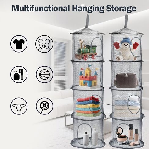 2PCS Hanging Mesh Storage Net, 4 Tier Stuffed Animal Storage with Hook | Grey, Polyester Material, Flexible and Breathable, Space Saving Organizer for Toys Clothes in Kuwait