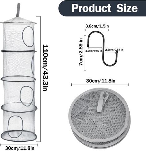2PCS Hanging Mesh Storage Net, 4 Tier Stuffed Animal Storage with Hook | Grey, Polyester Material, Flexible and Breathable, Space Saving Organizer for Toys Clothes in Kuwait