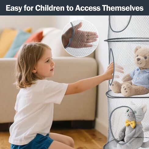 2PCS Hanging Mesh Storage Net, 4 Tier Stuffed Animal Storage with Hook | Grey, Polyester Material, Flexible and Breathable, Space Saving Organizer for Toys Clothes in Kuwait