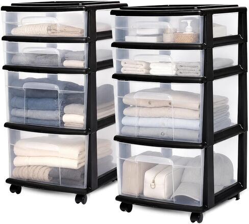 HOMZ Drawer Tower, 4-Tier Clear Plastic Storage Organizer Cart, White Frame - Rolling Drawers with Wheels for Desk, Dresser, Cabinet, Bedroom, Bathroom, Classroom, and Office Organization in Kuwait