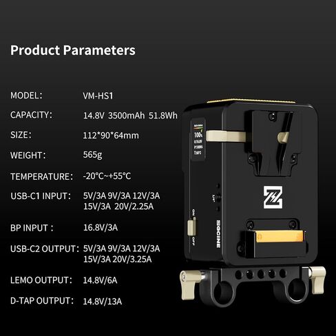 ZGCINE VM-HS1 Hot-Swap V Mount Battery Plate,51.8Wh 3500mAh 14.8V with 4 D-Tap/ 2 USB-C/Lemo/BP Ports,PD 65W Fast Charging,0.96" IPS Display,Countdown Reminder V-Mount Plate for RED Arri Camera in Kuwait