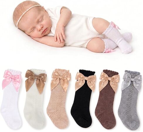 6 Pairs Preemie Socks Bow Cotton Newborn Knee High Socks Set | Soft breathable cotton preemie socks for 3-7 lbs tiny newborns,newborn knee high socks girl gift for NICU and daily wear in Kuwait
