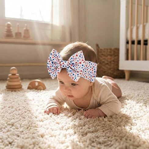 4th of July Baby Girl Bows Headbands with American Flag and Stars,3Pcs 6.3 inches Hair Bows Headband for Girls,Independence Day Hair Accessories for Newborn Infant Toddler,Baby Showers Gifts in Kuwait