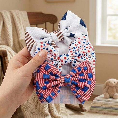 4th of July Baby Girl Bows Headbands with American Flag and Stars,3Pcs 6.3 inches Hair Bows Headband for Girls,Independence Day Hair Accessories for Newborn Infant Toddler,Baby Showers Gifts in Kuwait