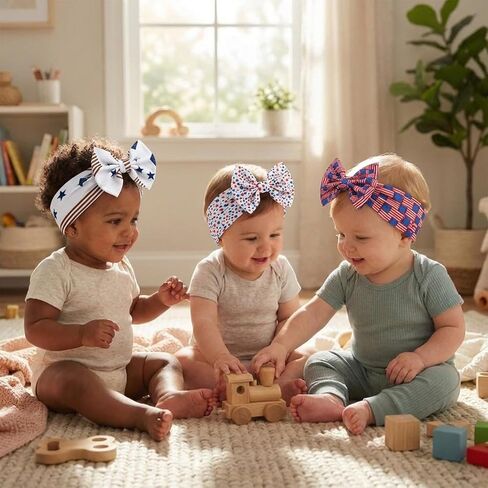 4th of July Baby Girl Bows Headbands with American Flag and Stars,3Pcs 6.3 inches Hair Bows Headband for Girls,Independence Day Hair Accessories for Newborn Infant Toddler,Baby Showers Gifts in Kuwait