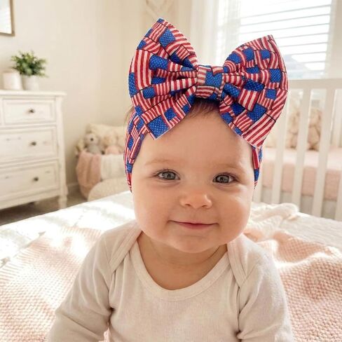 4th of July Baby Girl Bows Headbands with American Flag and Stars,3Pcs 6.3 inches Hair Bows Headband for Girls,Independence Day Hair Accessories for Newborn Infant Toddler,Baby Showers Gifts in Kuwait