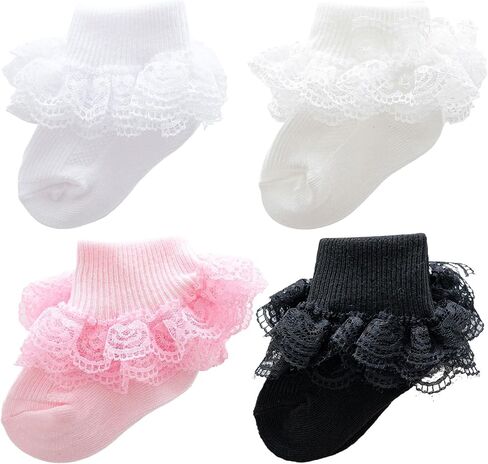 baotongle 4 Pairs Baby Toddler Girls Ruffle Socks Infant Girls Double Lace Frilly Socks Thin Dress Turn Cuff Sock 12-24Month in Kuwait