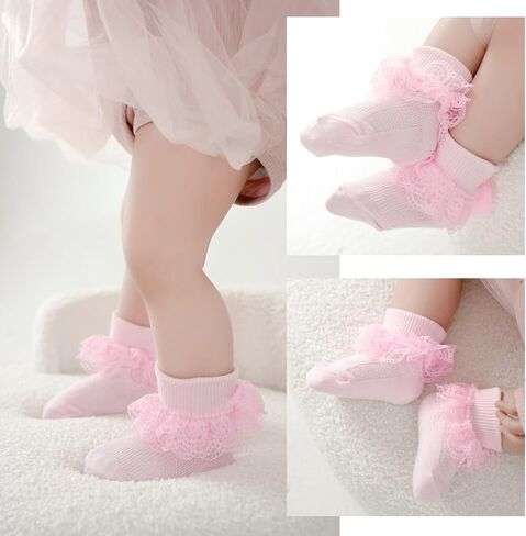 baotongle 4 Pairs Baby Toddler Girls Ruffle Socks Infant Girls Double Lace Frilly Socks Thin Dress Turn Cuff Sock 12-24Month in Kuwait