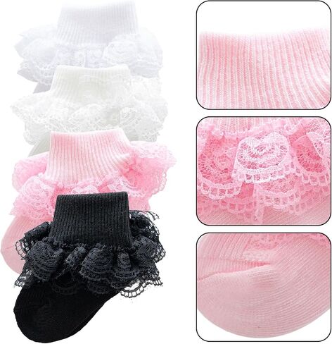 baotongle 4 Pairs Baby Toddler Girls Ruffle Socks Infant Girls Double Lace Frilly Socks Thin Dress Turn Cuff Sock 12-24Month in Kuwait