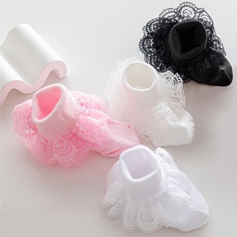 baotongle 4 Pairs Baby Toddler Girls Ruffle Socks Infant Girls Double Lace Frilly Socks Thin Dress Turn Cuff Sock 12-24Month in Kuwait