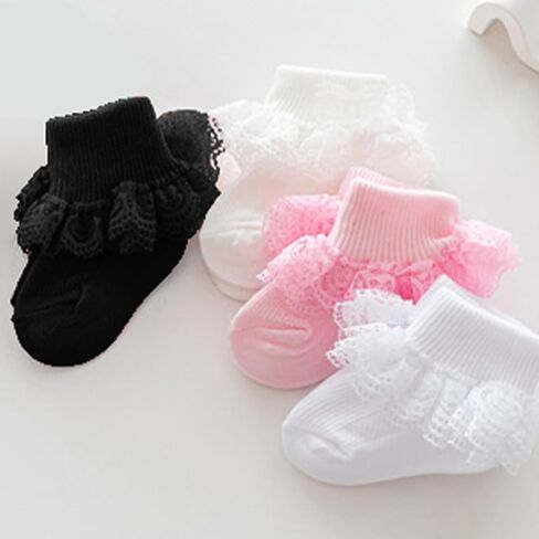 baotongle 4 Pairs Baby Toddler Girls Ruffle Socks Infant Girls Double Lace Frilly Socks Thin Dress Turn Cuff Sock 12-24Month in Kuwait