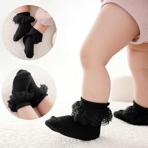 baotongle 4 Pairs Baby Toddler Girls Ruffle Socks Infant Girls Double Lace Frilly Socks Thin Dress Turn Cuff Sock 12-24Month in Kuwait