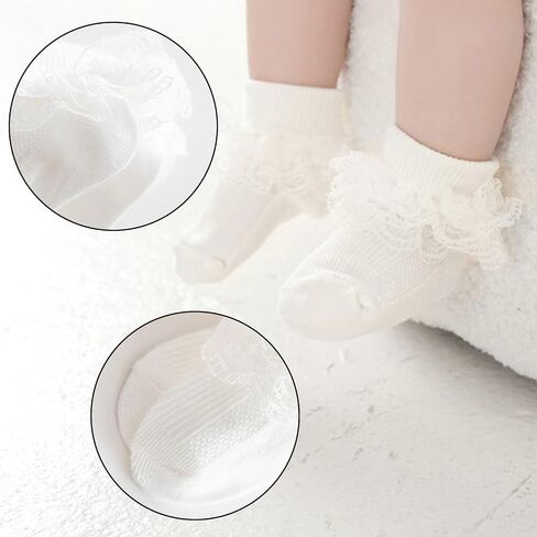 baotongle 4 Pairs Baby Toddler Girls Ruffle Socks Infant Girls Double Lace Frilly Socks Thin Dress Turn Cuff Sock 12-24Month in Kuwait