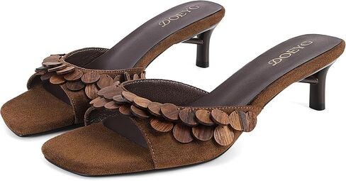 DOEYG Suede Kitten Heels Sandals for Women Slide Sandals Dressy Comfortable Square Open Toe Summer Slip on Mule heels Heeled Sandal with Ornamental Wooden Detail in Kuwait