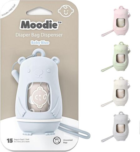 Teddy Bear Diaper Bag Dispenser | Diaper Trash Bags on the Go Dispenser w/Silicon Strap | 15 UNSCENTED Baby Poop Bags per Roll | Dirty Diaper Bags Disposable | Diaper Waste Bags (BLUE) in Kuwait