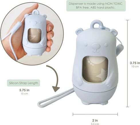 Teddy Bear Diaper Bag Dispenser | Diaper Trash Bags on the Go Dispenser w/Silicon Strap | 15 UNSCENTED Baby Poop Bags per Roll | Dirty Diaper Bags Disposable | Diaper Waste Bags (BLUE) in Kuwait