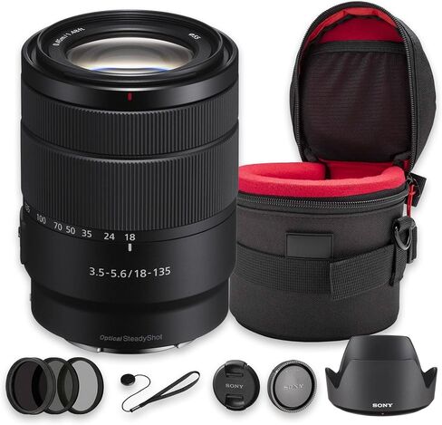 Sony E 18-135mm f/3.5-5.6 OSS Lens Bundle | APS-C All-in-One Zoom with Optical SteadyShot Stabilization, Advanced Optics & Fast AF | for Travel & Wildlife (SEL18135) + Filter Kit + Case + Cap Keeper in Kuwait