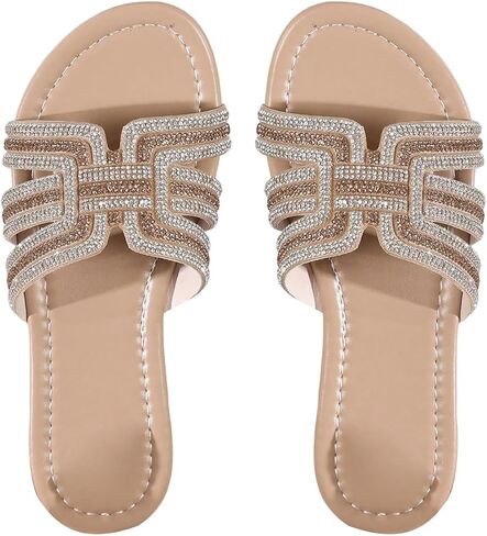 Floerns Women's Sparkly Rhinestone Flat Sandals Comfortable Open Toe Slip on Summer Dressy Slide Sandals in Kuwait