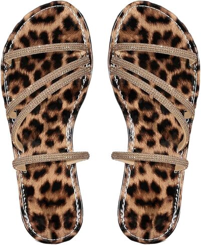 RoseSeek Women's Rhinestone Cheetah Sandals Slip on Flat Sandals Slides | Strappy Open Toe Slide, Casual Sparkly Flat Sandals, Womens Sandals Dressy, Comfortable Sandals for Women in Kuwait