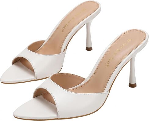 On feet& in love Women's Slip-On Stiletto Heel Mule Sandals, Peep Toe, apricot, 2.95 Inch Heel, Casual Party Wedding Slides in Kuwait