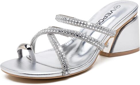 Vepose Women's Sparkly Strappy Block Heel Sandals, Open Toe Dressy Heels | Rhinestone square toe slip on heels, cushioned memory foam footbed, 3 inch lift, easy slide for casual plans and events in Kuwait