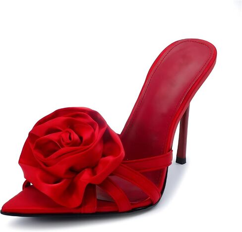Tsrenlmln Women's 3D Rose High Heel Mule Shoes - 4.1 Inch Stiletto Heels Sandals with Satin Fabric for Parties, Dates, Weddings | Elegant Pointed Toe Heeled Mules in Kuwait