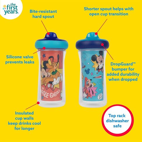 The First Years Disney Mickey Mouse Kids Insulated Sippy Cups - Dishwasher Safe Spill Proof Toddler Cups - Ages 12 Months and Up - 9 Ounces - 2 Count in Kuwait
