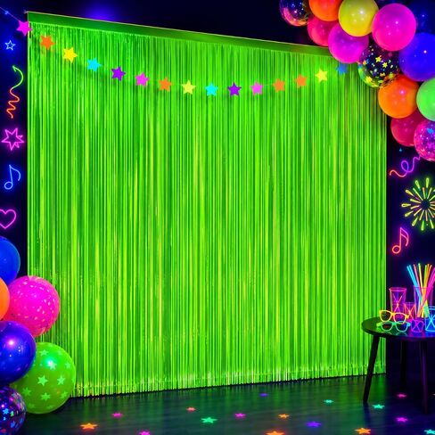 4 Pack Glow in The Dark Curtains Party Supplies 6.6 x 3.3 Ft Glow Tinsel Foil Fringe Curtains Colorful Patchwork Streamer Backdrop for Birthday Holiday Neon Party Decorations in Saudi Arabia