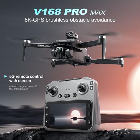 FPV Drone with 4K UHD Camera for Adults, V168 Pro Max GPS Drone with 360° Obstacle Avoidance Brushless Motor RC Drone with 4.5" HD Screen on Controller, Auto Return Altitude Hold Headless Mode, Optical Flow Hover Foldable RC Quadcopter with Screen Remote  in Kuwait