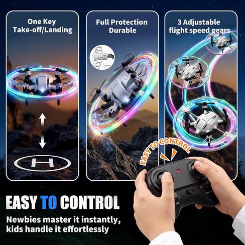 Mini RC Drone for Kids - Quadcopter with 7-Color LED Lights, 360° Flip & 90° Surround Flight | Easy to Fly Indoor Toy for Boys and Girls Aged 8-12 in Kuwait