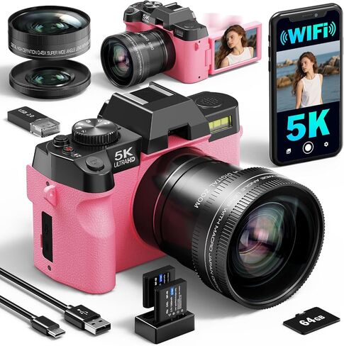 G-Anica 5K 64MP Digital Cameras for Photography with Dual-Lens WiFi | Vlogging Point and Shoot Camera Kit for Beginners,with 180° Flip Screen,16X Zoom,64GB Card,2 Batteries(PINK) in Kuwait