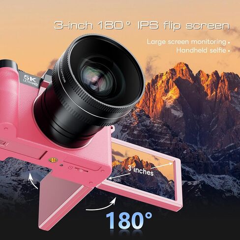 G-Anica 5K 64MP Digital Cameras for Photography with Dual-Lens WiFi | Vlogging Point and Shoot Camera Kit for Beginners,with 180° Flip Screen,16X Zoom,64GB Card,2 Batteries(PINK) in Kuwait