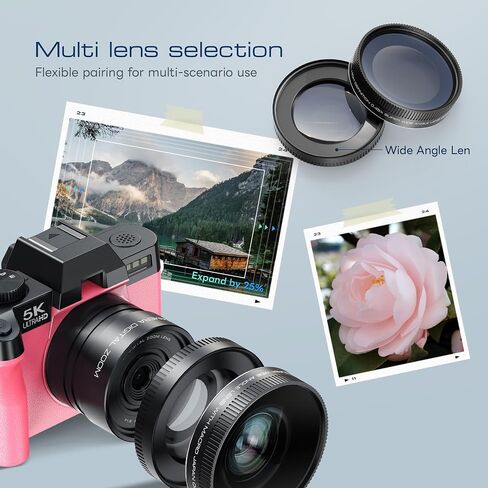 G-Anica 5K 64MP Digital Cameras for Photography with Dual-Lens WiFi | Vlogging Point and Shoot Camera Kit for Beginners,with 180° Flip Screen,16X Zoom,64GB Card,2 Batteries(PINK) in Kuwait